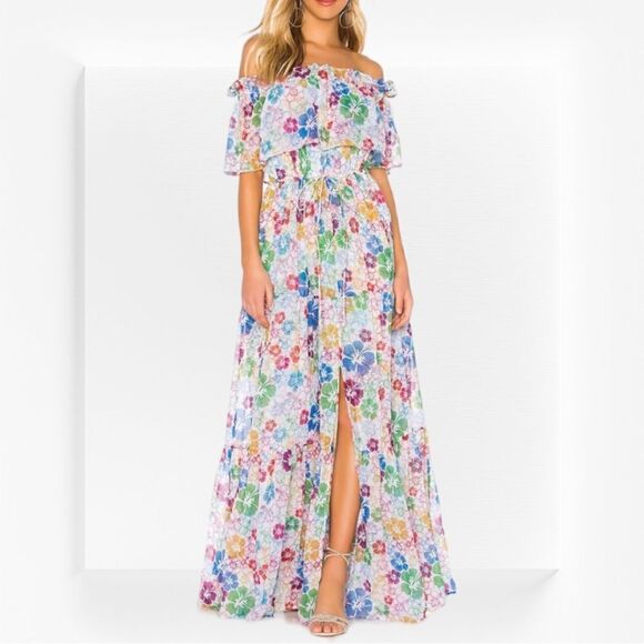 ALL THINGS MOCHI Kona Floral Bardot Chiffon Maxi Dress M - Picture 2 of 16